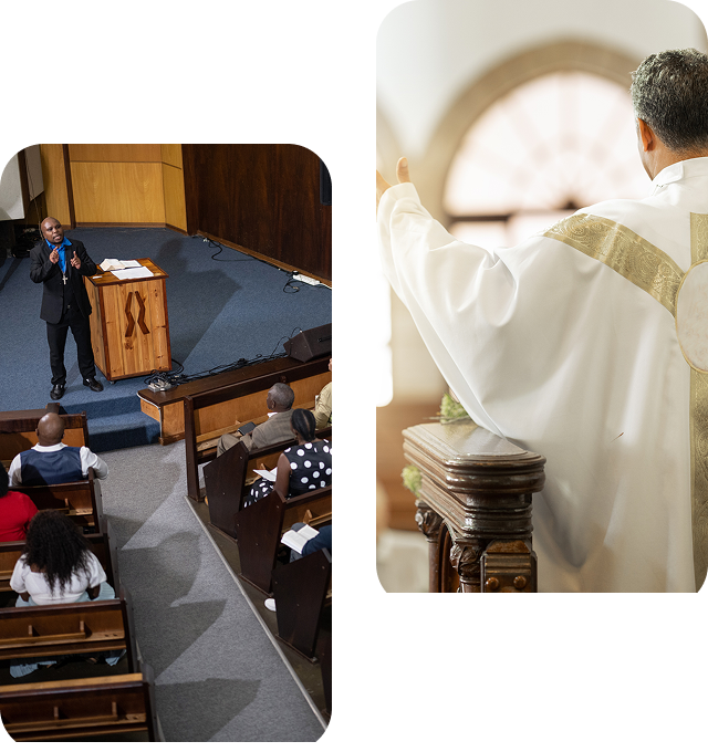 A man in a suit speaking at a podium in a church.