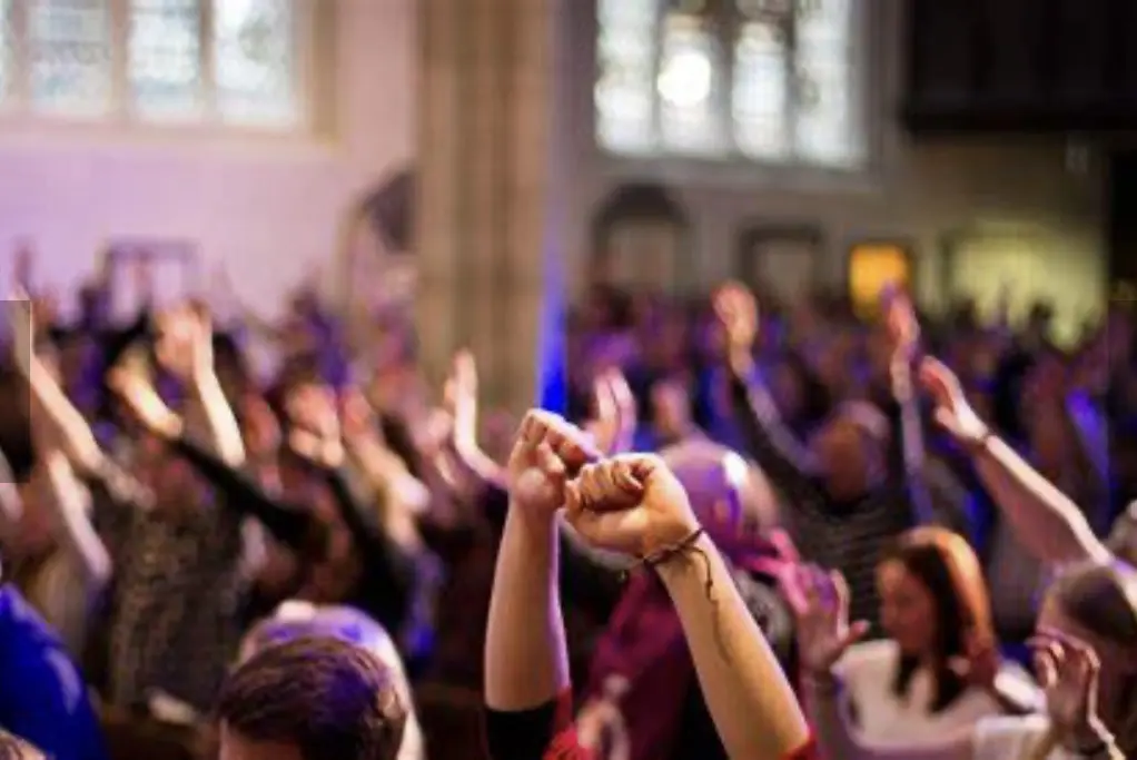 People raising hands in a lively gathering or event.